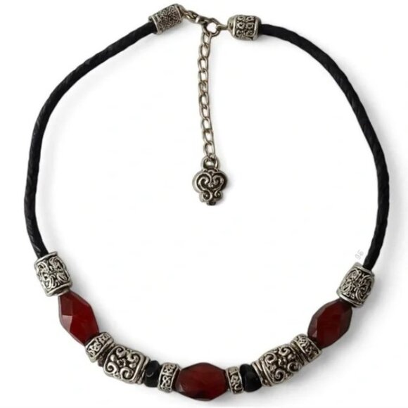 Source Unknown Jewelry - Vintage Red Jasper Necklace – Artisan Silver Accents on Braided Cord